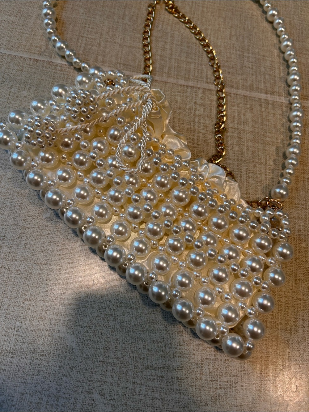 Pearl-Embellished Evening Clutch with Gold Chain - Cream/White